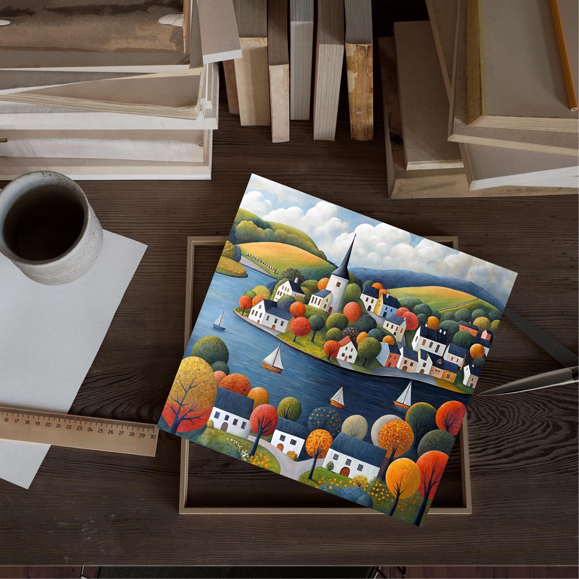 Colorful Coastal Village Wall Art Harbor View Painting Sailboats And Seaside Houses Print Ocean Art For Living Room Autumn Home Decor - Image 2