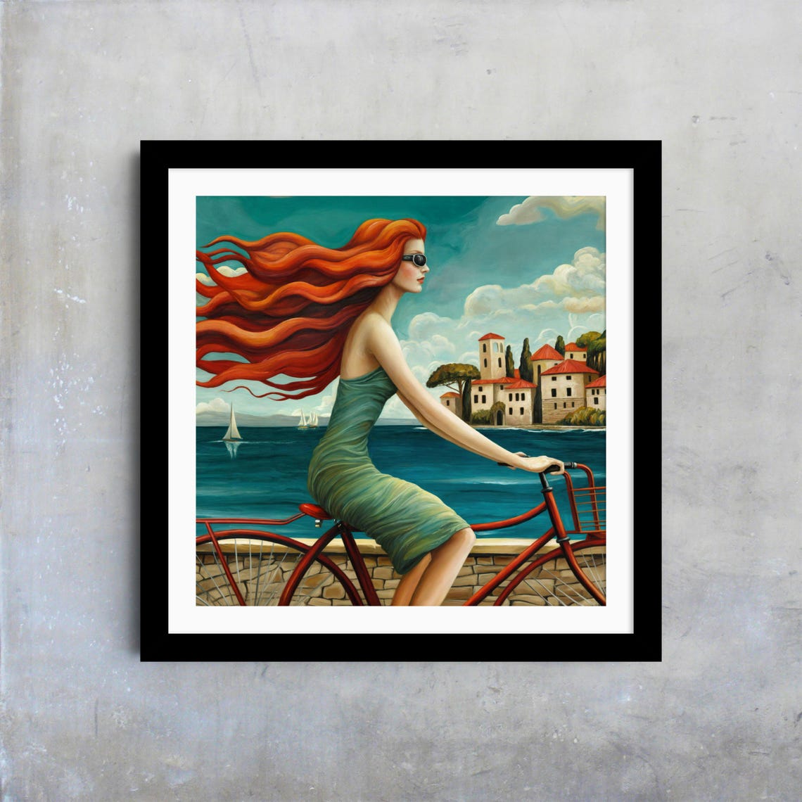 Redhead Woman Cycling By The Sea Teal Dress Coastal Town Summer Poster