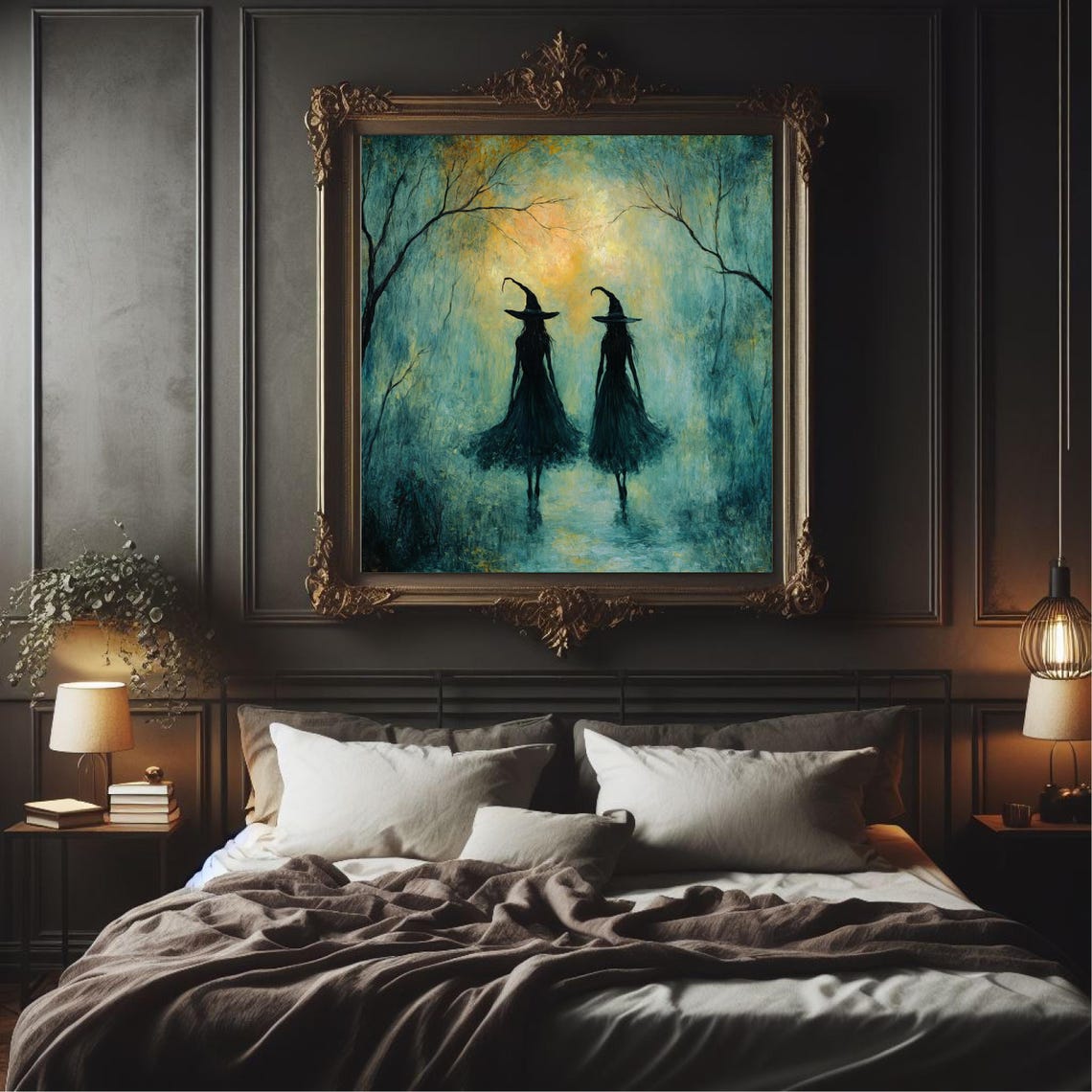 Two Witches Walking Misty Teal Forest Golden Light Art Poster - Image 2