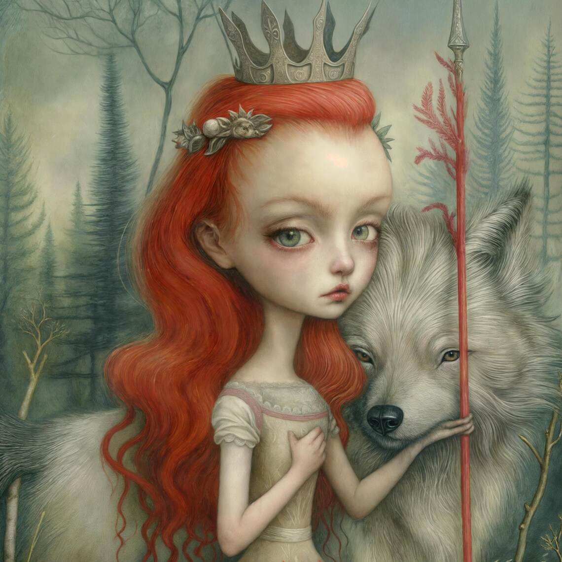 Redhead Princess With White Wolf Whimsical Enchanted Forest Fantasy Poster - Image 4