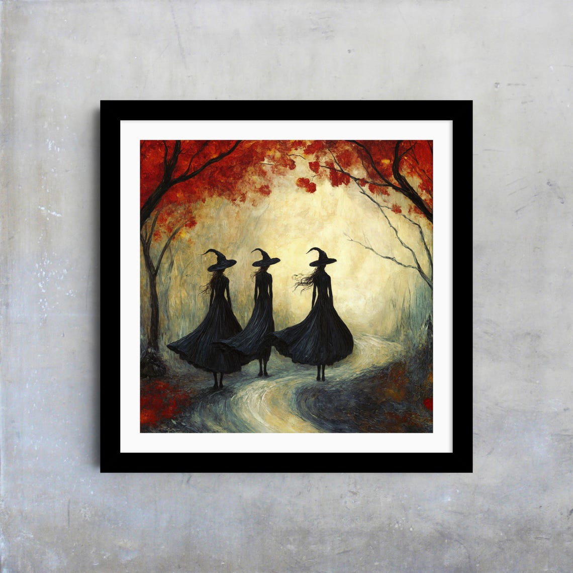 Three Witches Winding Path Red Autumn Trees Witchy Decor Poster - Image 4