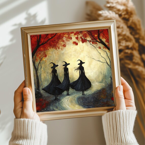 Three Witches Winding Path Red Autumn Trees Witchy Decor Poster