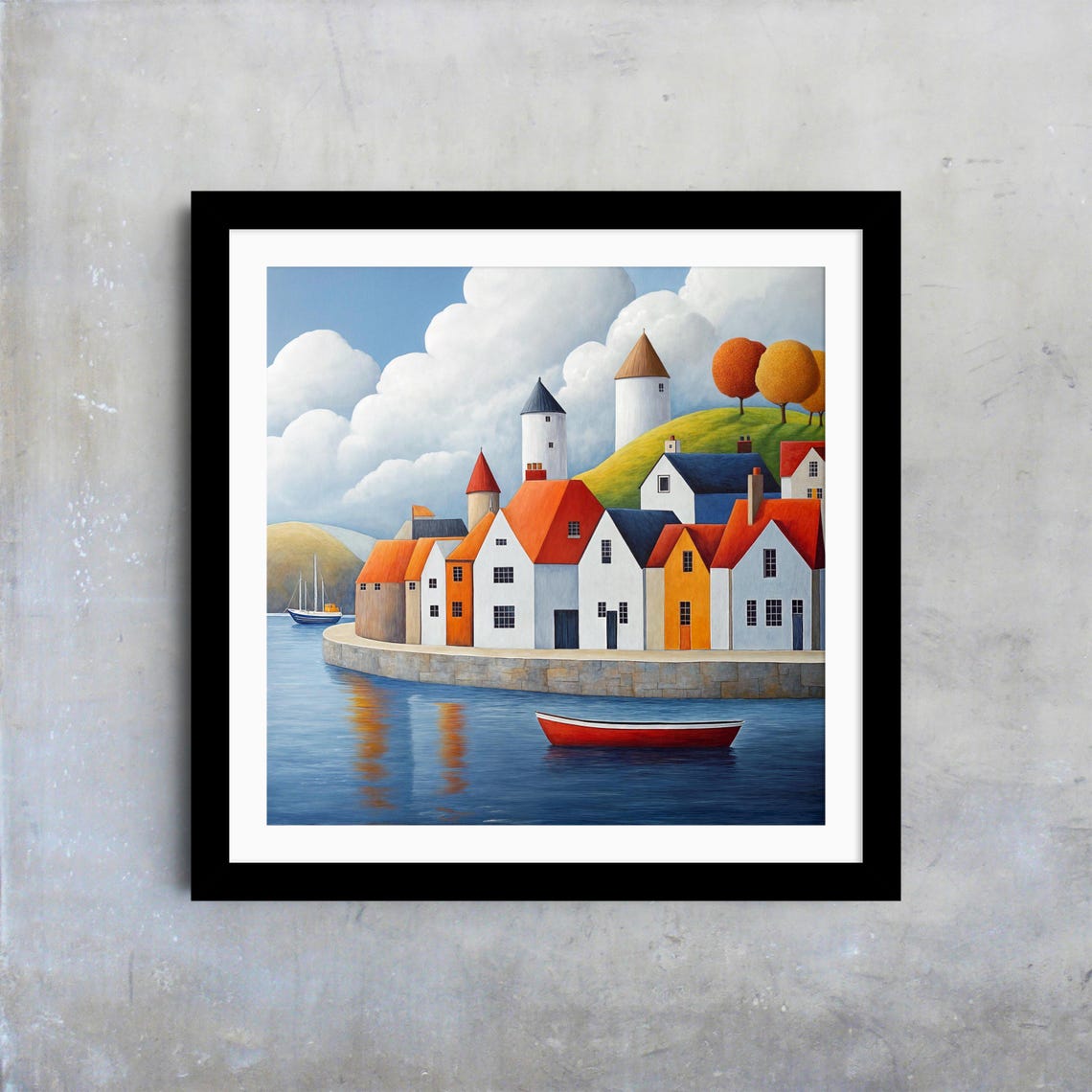 Colorful Harbor Row Houses Red Boat Reflections Folk Art Wall Poster - Image 4