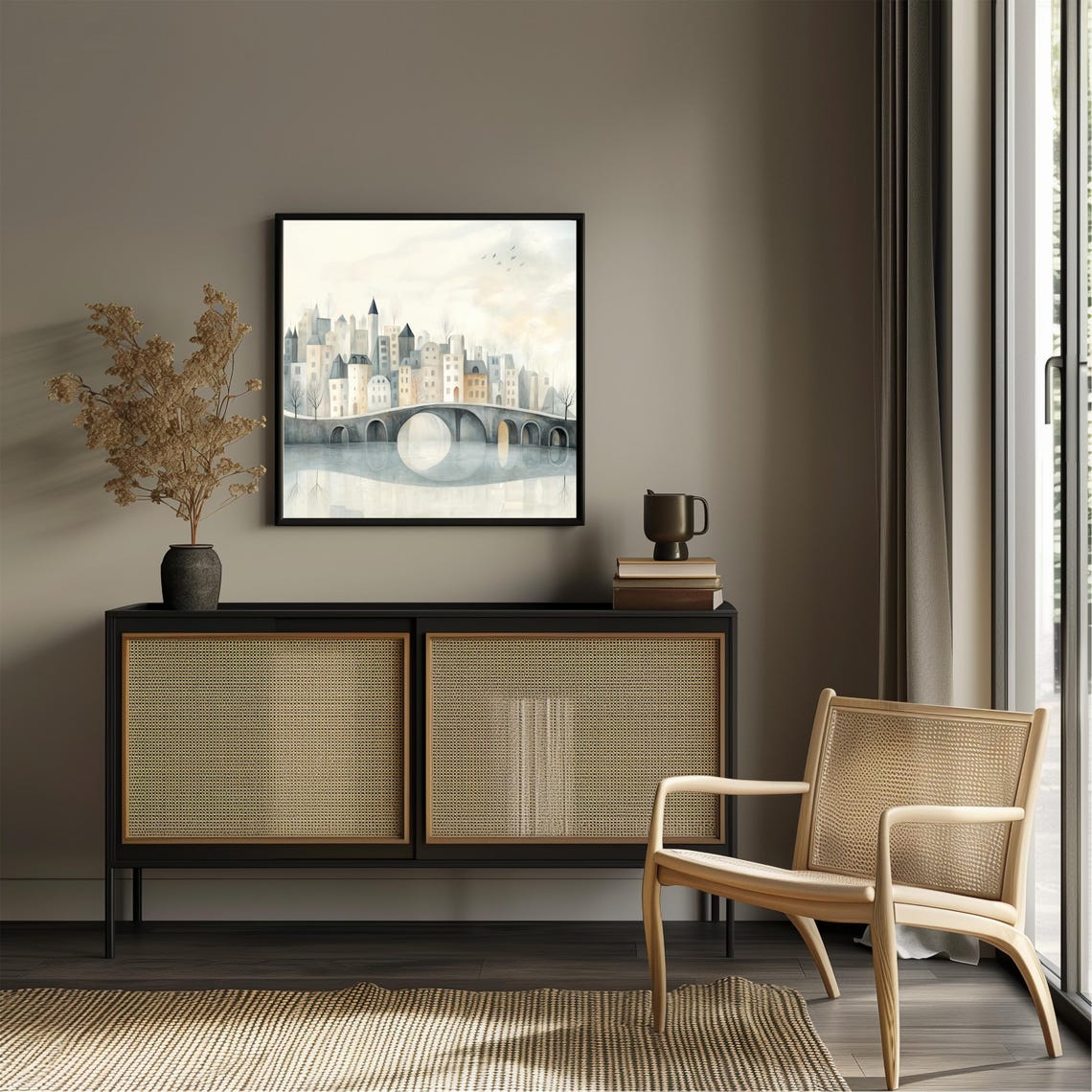 Dreamy City Skyline Arched Bridge Reflections Neutral Art Poster - Image 3