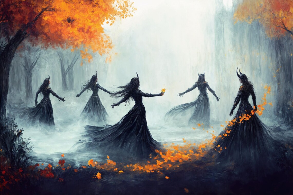Witches Dancing Circle Autumn Forest Dark Fantasy Art Poster - Image 3