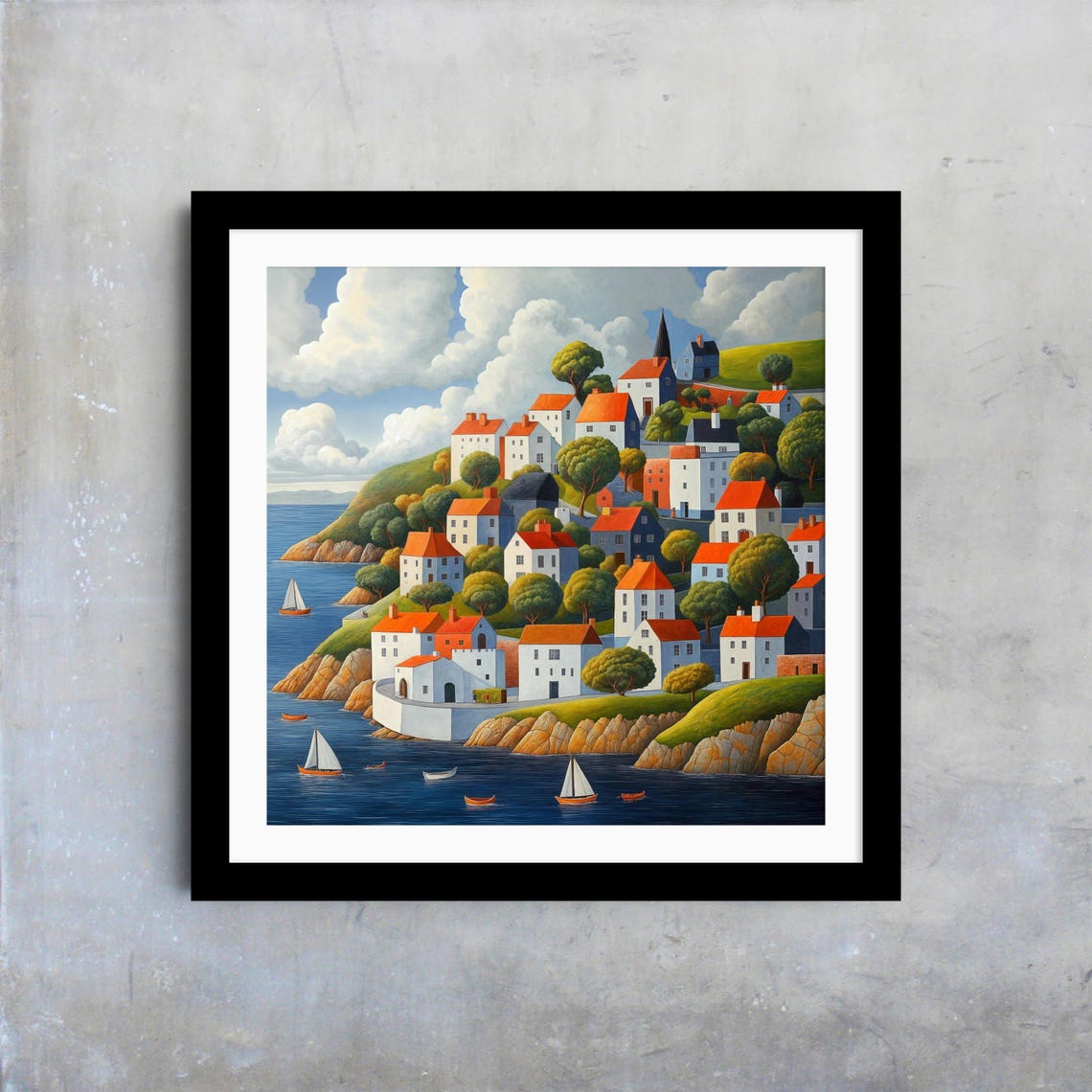 Colorful Coastal Village Wall Art Harbor View Painting Sailboats And Seaside Houses Print Ocean Art For Living Room Modern Home Decor - Image 4