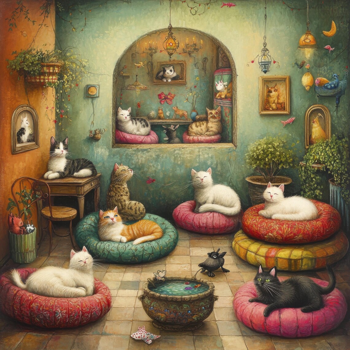 Cozy Cats Lounging Colorful Cushions Bohemian Cat Room Art Poster - Image 3