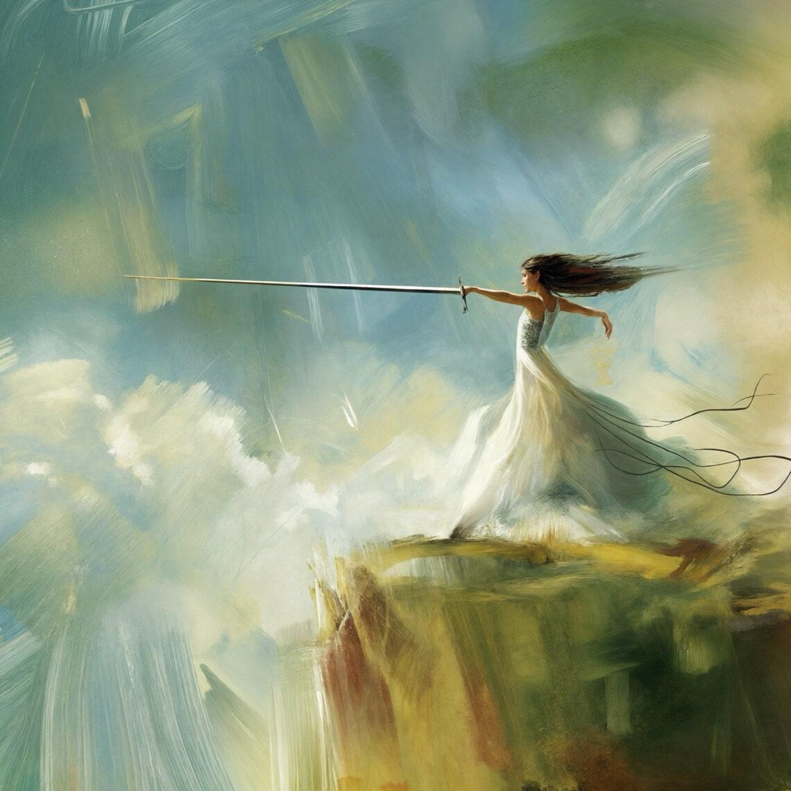 Brave Woman Sword on Cliff Edge Dramatic Clouds Inspirational Art Print - Image 3