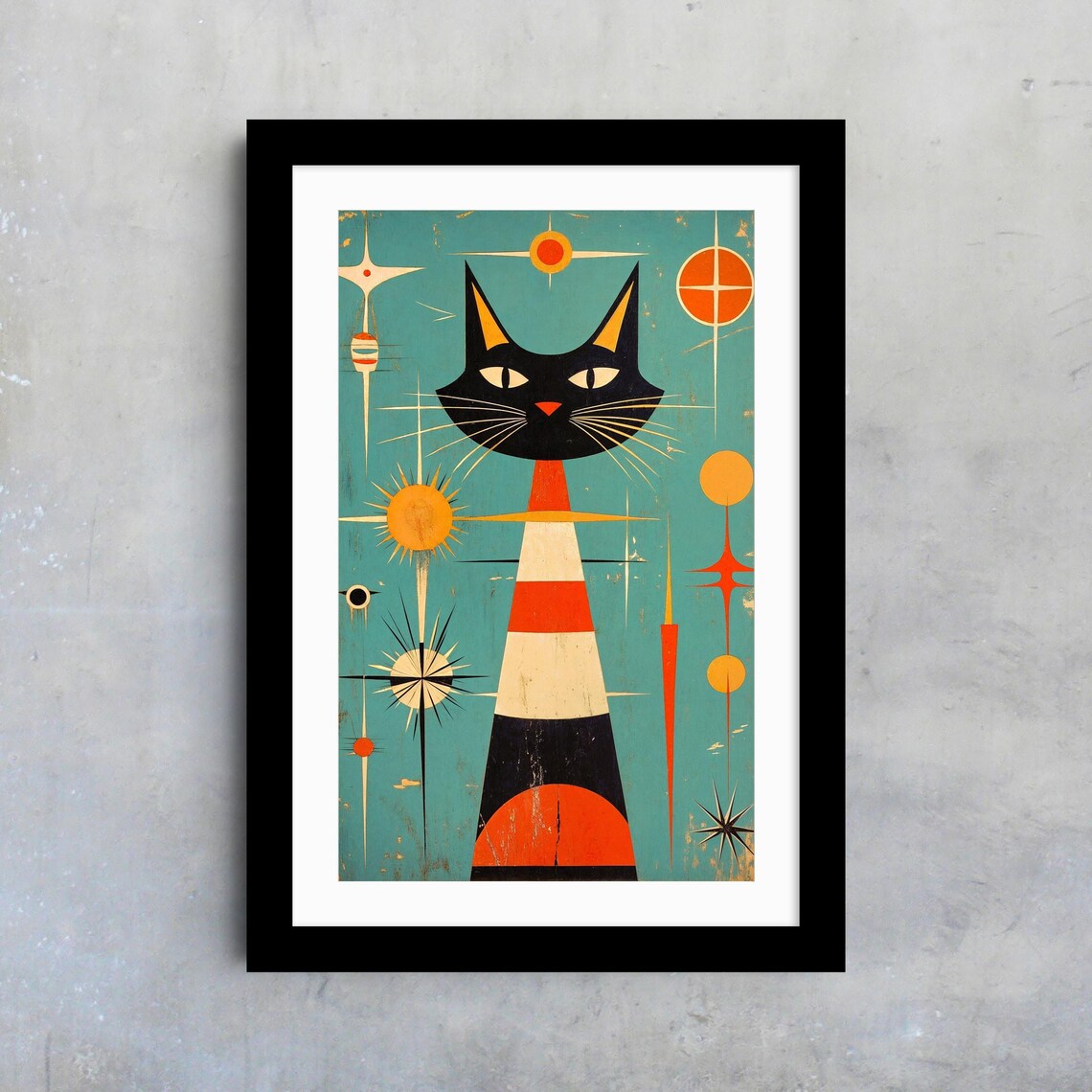 Midcentury Tall Black Cat Striped Body Atomic Starburst Retro Cat Poster - Image 4