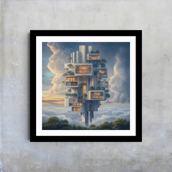 Surreal Architecture Wall Art Whimsical Clouds Home Decor Modern Design Poster Unique Artistic Home Decor Gift Idea