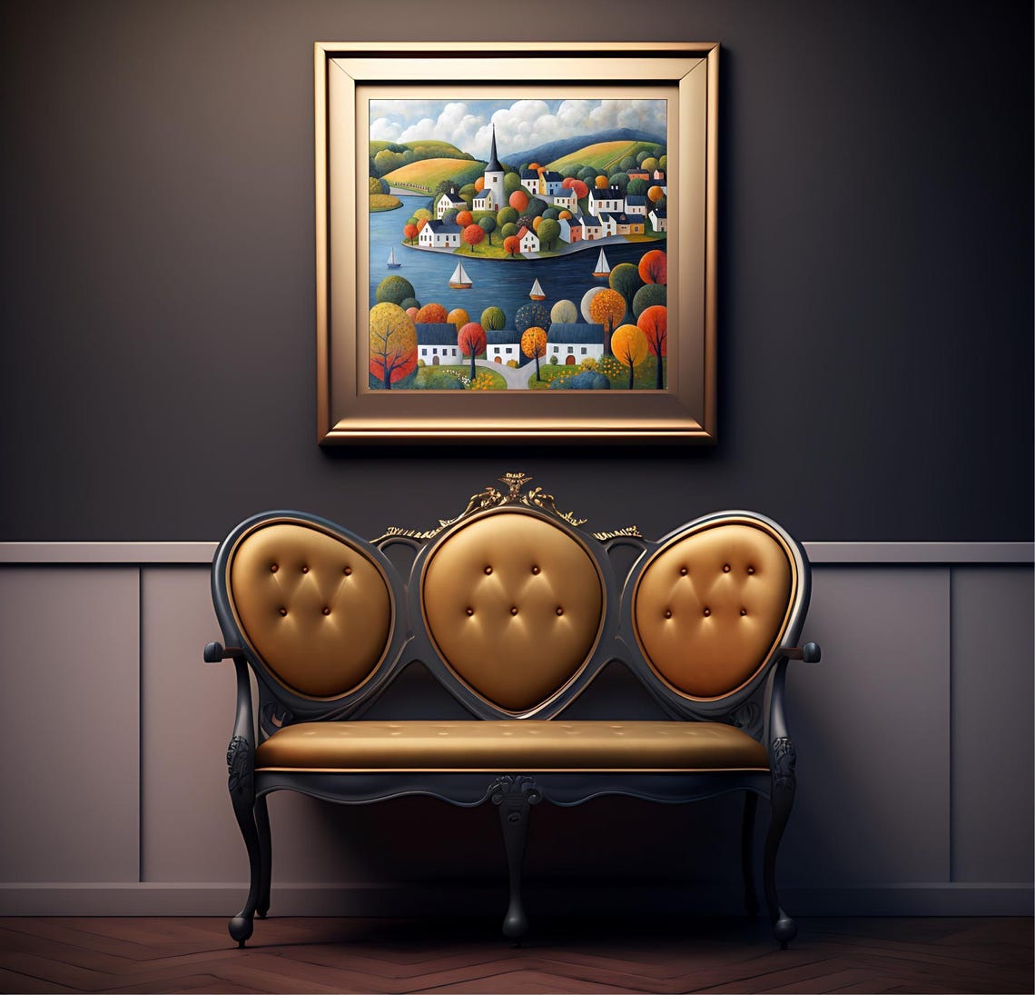 Colorful Coastal Village Wall Art Harbor View Painting Sailboats And Seaside Houses Print Ocean Art For Living Room Autumn Home Decor