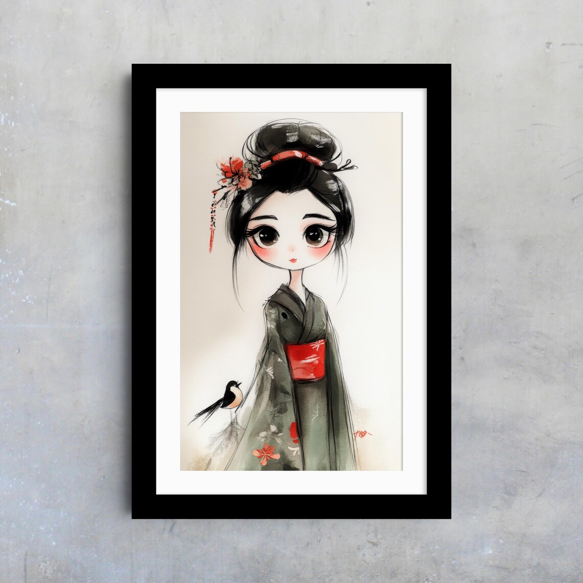 Cute Anime Geisha Girl Green Kimono Red Obi Japanese Art Poster - Image 4