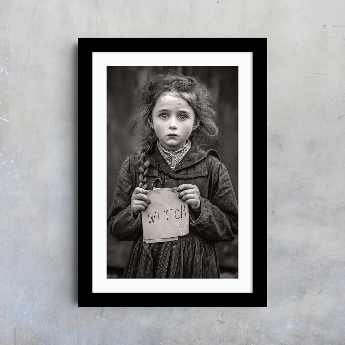 Vintage Girl Holding WITCH Sign Black And White Gothic Halloween Art Poster - Image 4