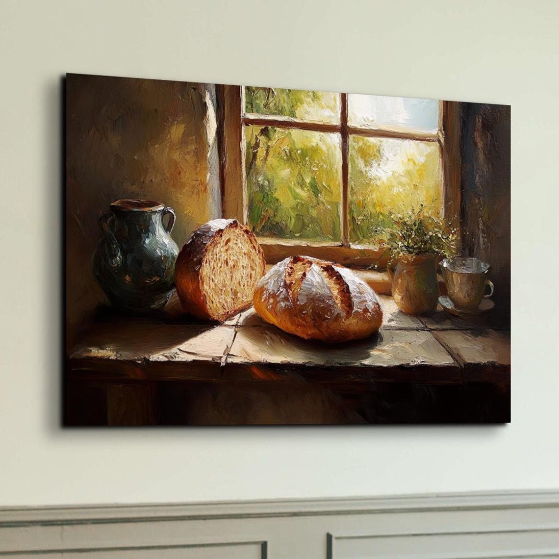 Rustic Bread Loaves Sunlit Window Still Life Oil Painting Poster