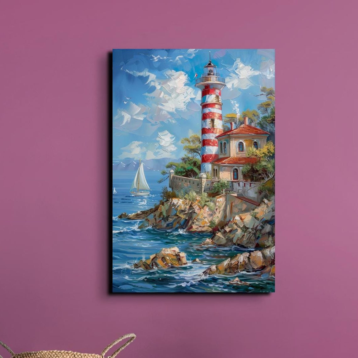 Striped Lighthouse on Rocky Cliff With Sailboats Seaside Poster