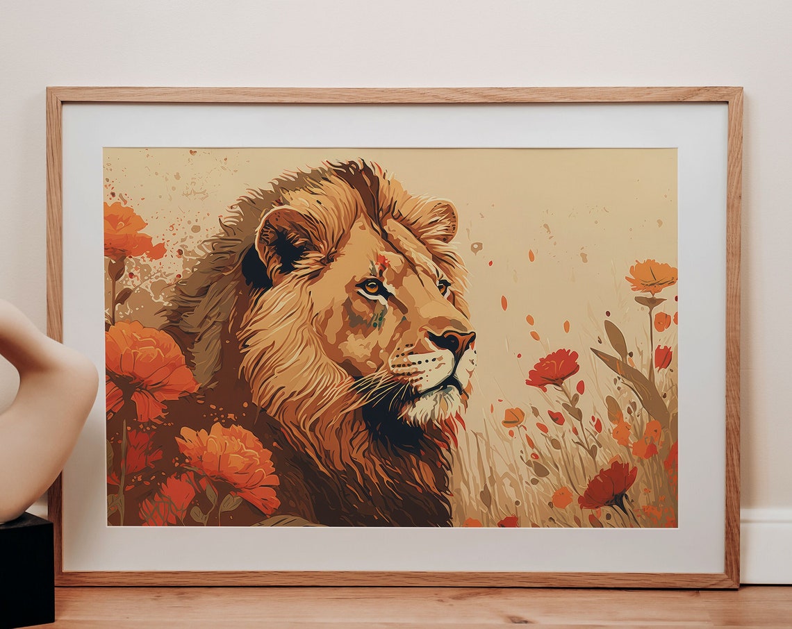 Contemporary Lion Floral Poster Print Modern Wall Decor African Savannah Floral Print