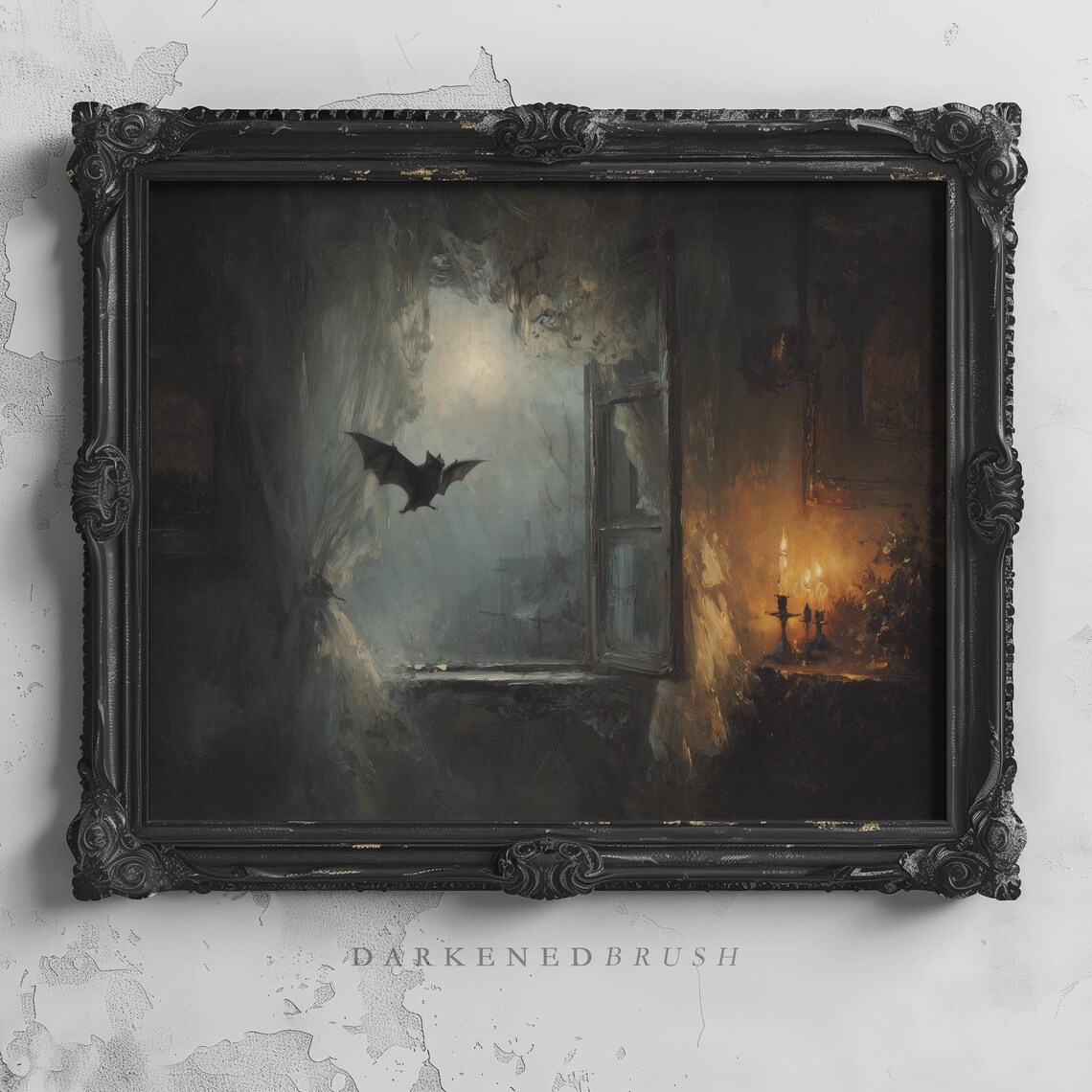 Bat Flying Past Lit Window, Moody Gothic Halloween Art Print