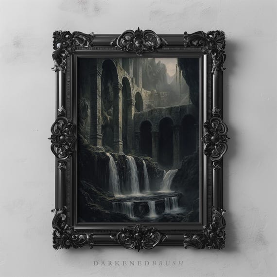 Ancient Rustic Landscape Waterfalls Art Dark Fantasy Decor Gothic Wall Mystical Enchanted Nature Print