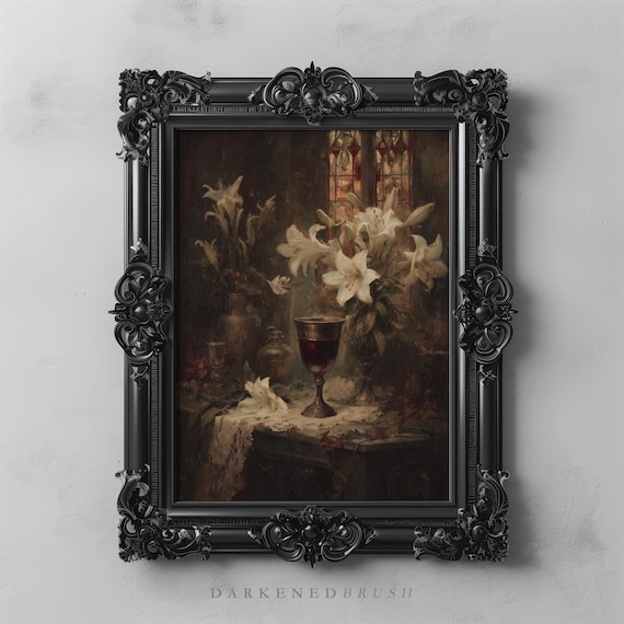 Vampire Chalice With Lilies And Candle Vintage Gothic Still Life Wall Art Dark Romantic Decor Fall Spiritual Haunted 106