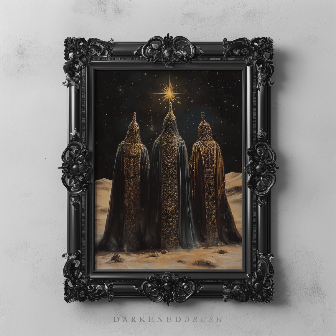 Three Wise Men Beneath The Star Of Bethlehem In Dark Desert Night Print