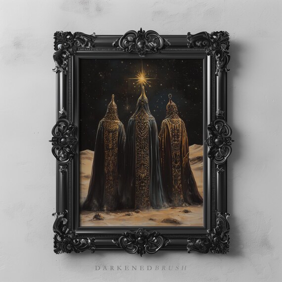 Three Wise Men Beneath The Star Of Bethlehem In Dark Desert Night Print