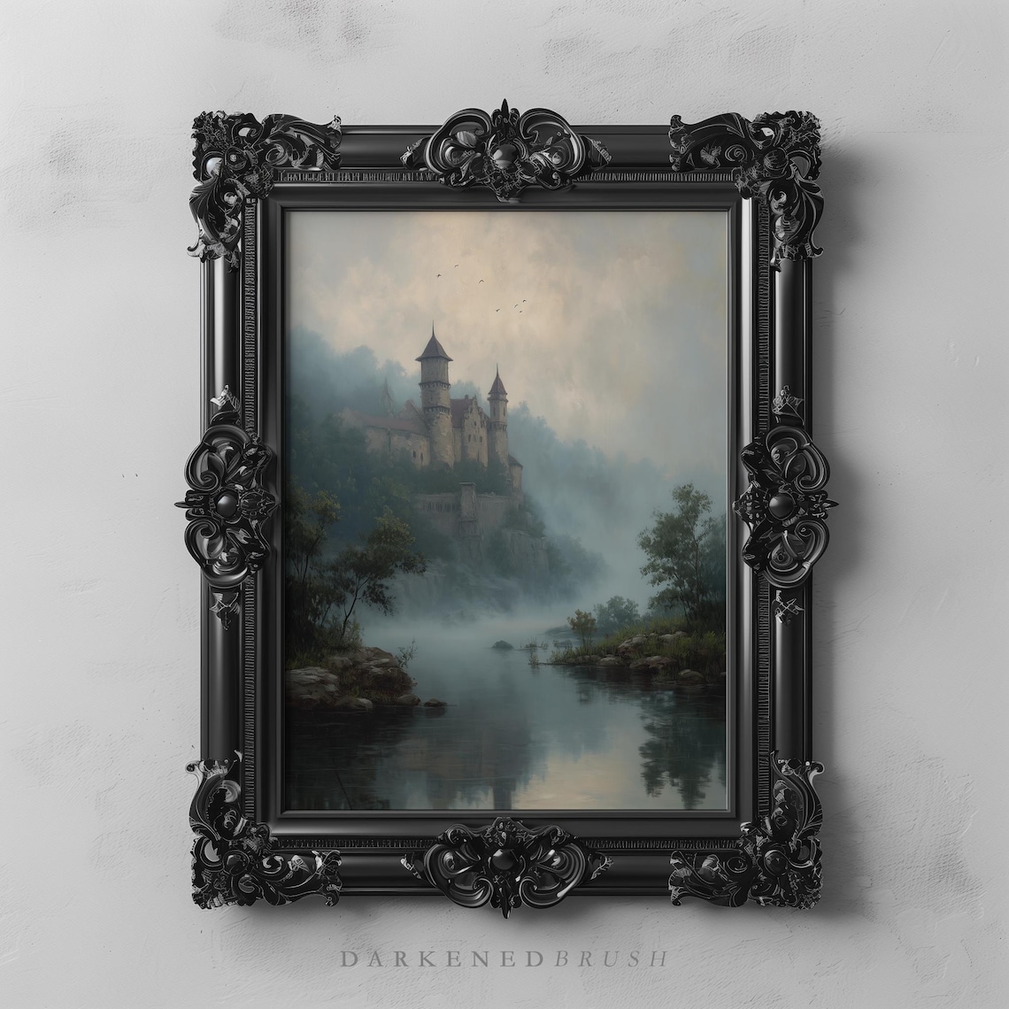 Misty Castle Foggy Lake Medieval Fantasy Dark Academia Wall Art