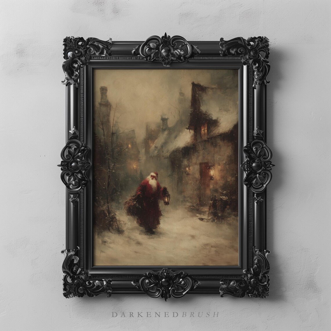 Saint Nicholas Walking Through Snowy Christmas Village Gothic Poster