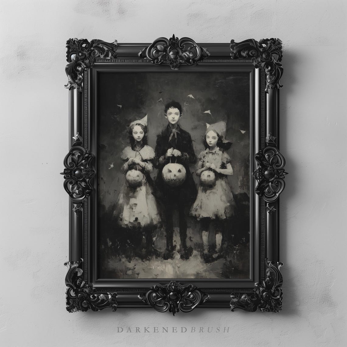 Three Children In Halloween Costumes Vintage Spooky Night Scene Poster