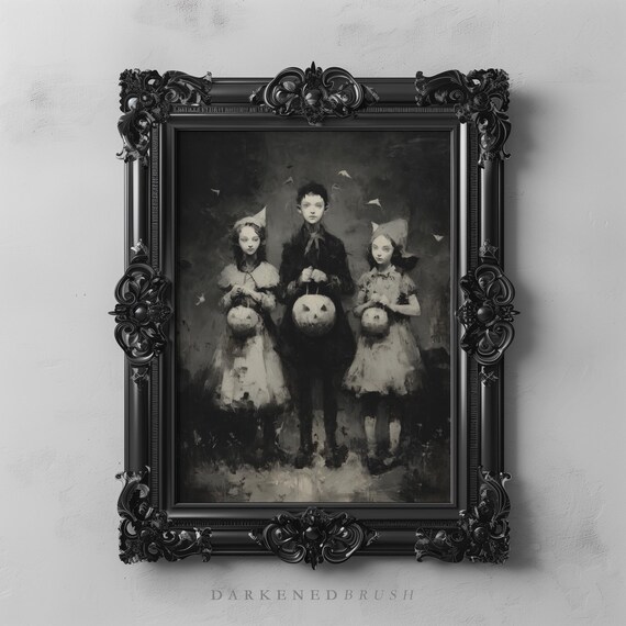 Three Children Holding Pumpkins In Gothic Vintage Halloween Trick Or Treat Portrait Black And White Dark Victorian Spooky Wall Decor 206