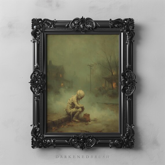 Mummy Child Sitting On Sidewalk With Pumpkin Gothic Vintage Halloween Wall Art Spooky Fall Autumn Decor Haunted