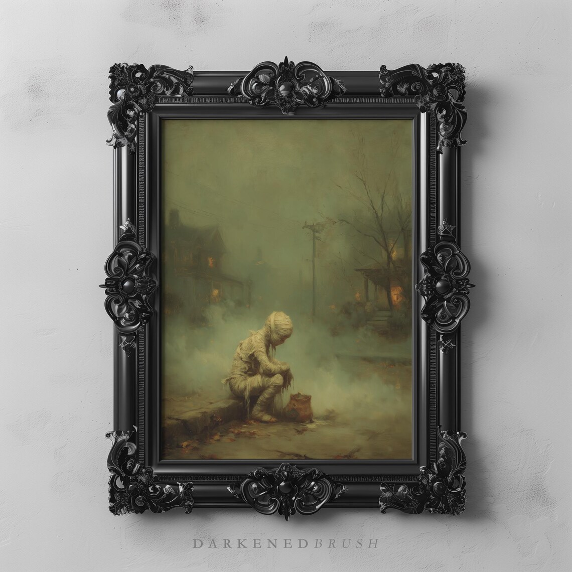 Mummy Child Sitting On Sidewalk With Pumpkin Gothic Vintage Halloween Wall Art Spooky Fall Autumn Decor Haunted
