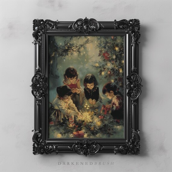 Vintage Christmas Children Tree Sparkler Gifts Nostalgic Holiday Print