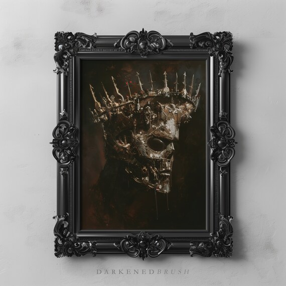 Gothic Crowned Robot Skull Art Print Cyber Punk Steampunk Moody Scifi Regal Futuristic Dark Oil Painting Royal Wall