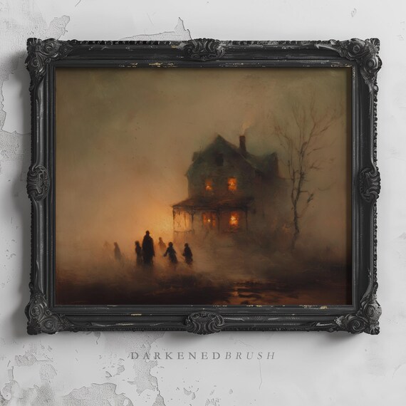Fog Rolling Around Glowing Haunted House Spooky Trick Or Treaters Silhouettes Gothic Vintage Halloween Night Oil Painting 296