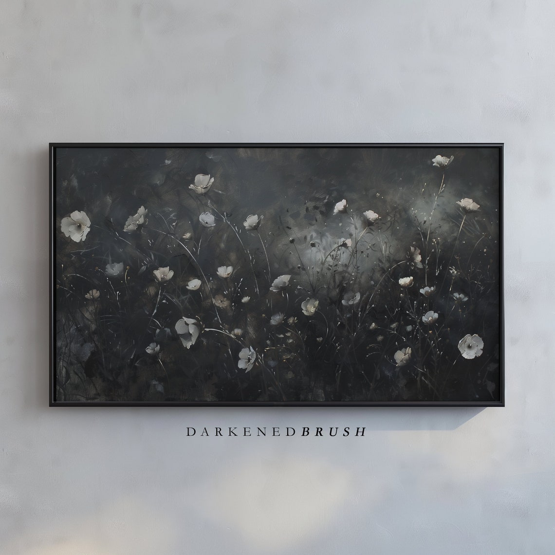 White Wildflowers On Black Moody Dark Floral Botanical Art Poster