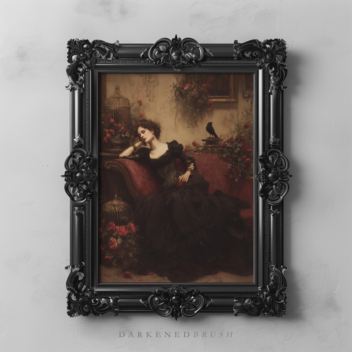 Gothic Woman In Black Gown With Raven Roses Victorian Art Poster