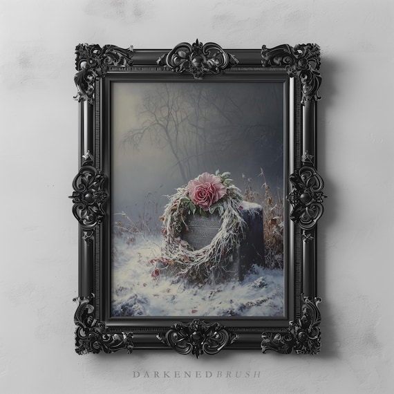 Frosted Pink Rose Wreath On Snowy Gravestone Moody Winter Oil Painting Poster