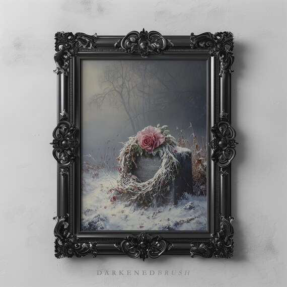 Winter Rose On Grave Art Print Frosted Memorial Snowy Pink Wreath Decor Landscape Moody Festive Christmas Wall Artwork