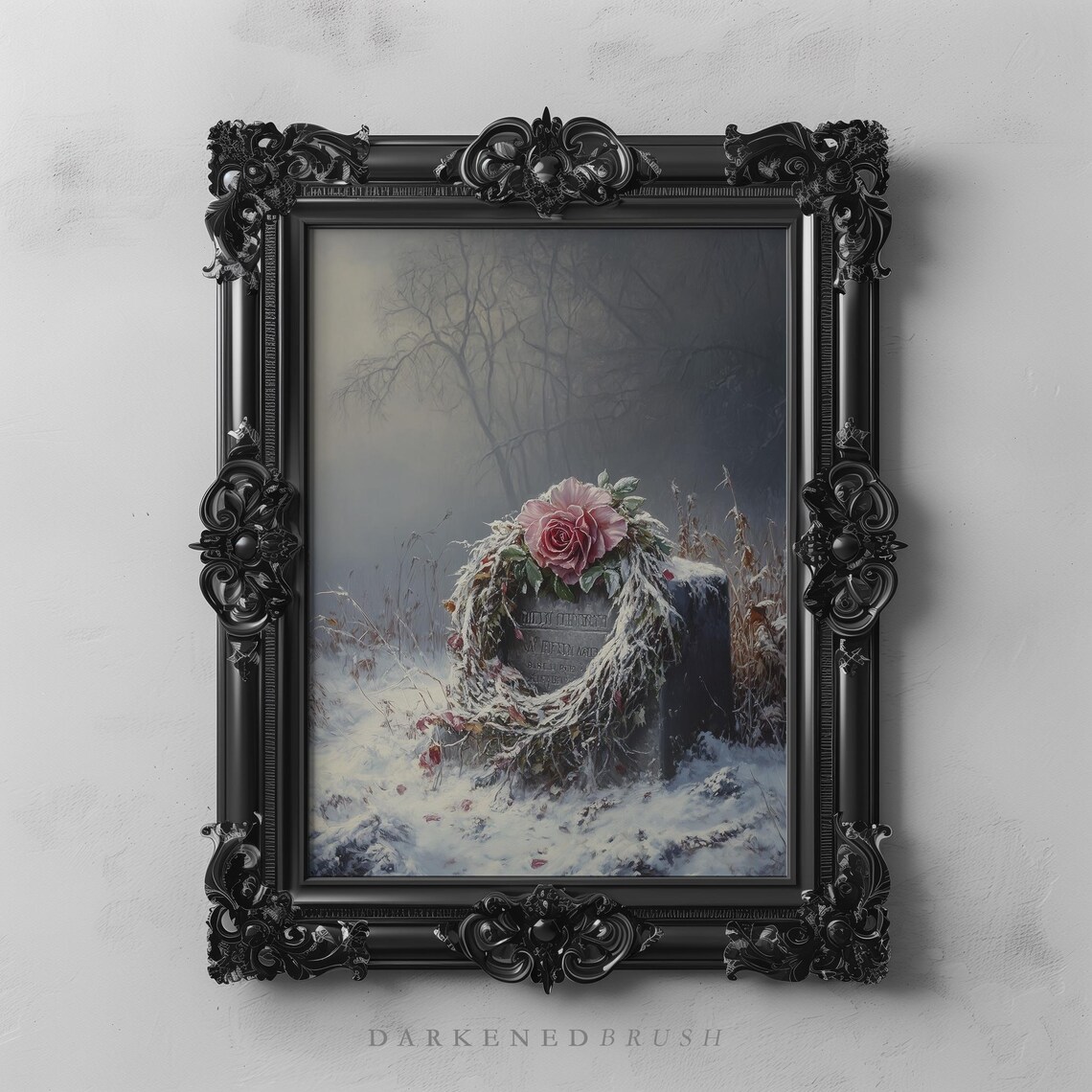 Frosted Pink Rose Wreath On Snowy Gravestone Moody Winter Oil Painting Poster