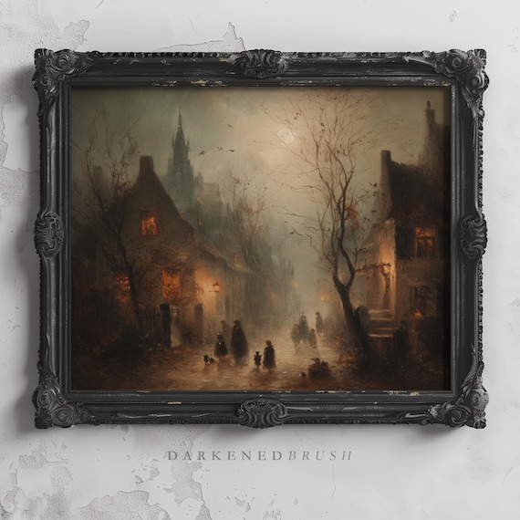 Trick Or Treaters On Gothic Haunted Urban Street Wall Art Vintage Dark Academia Fall Decor Victorian Halloween Eve 128