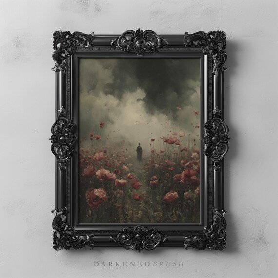 Silhouetted Figure In Field Of Red Poppies Gothic Flowers Nature Wall Art Dark Romantic Landscape With Stormy Sky Botanical Decor 208