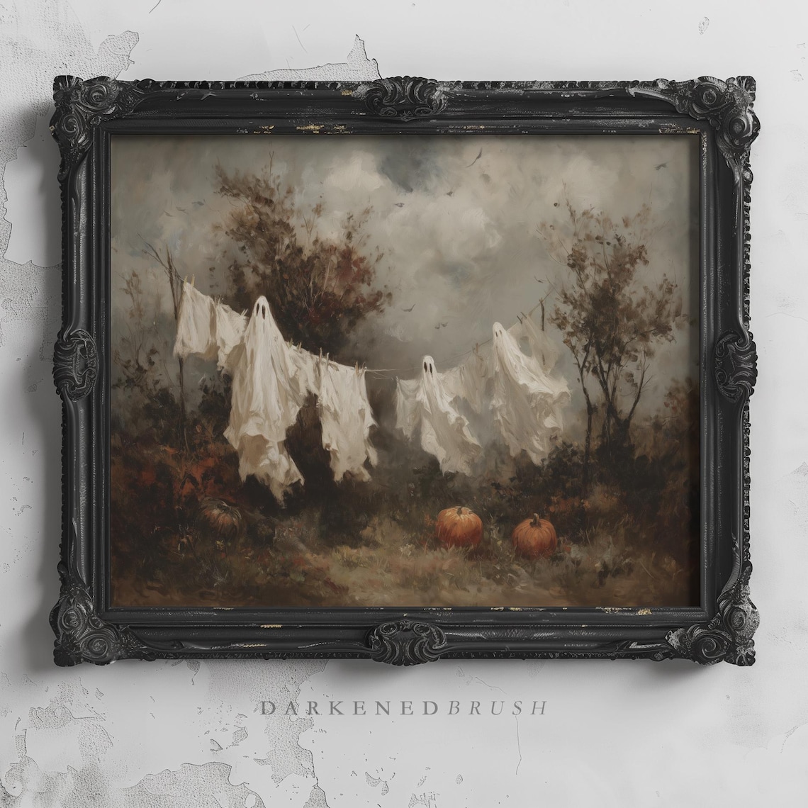 White Sheets Hanging In Wind Over Pumpkins Gothic Halloween Art Haunted Rustic Landscape Spooky Fall Autumn Decor