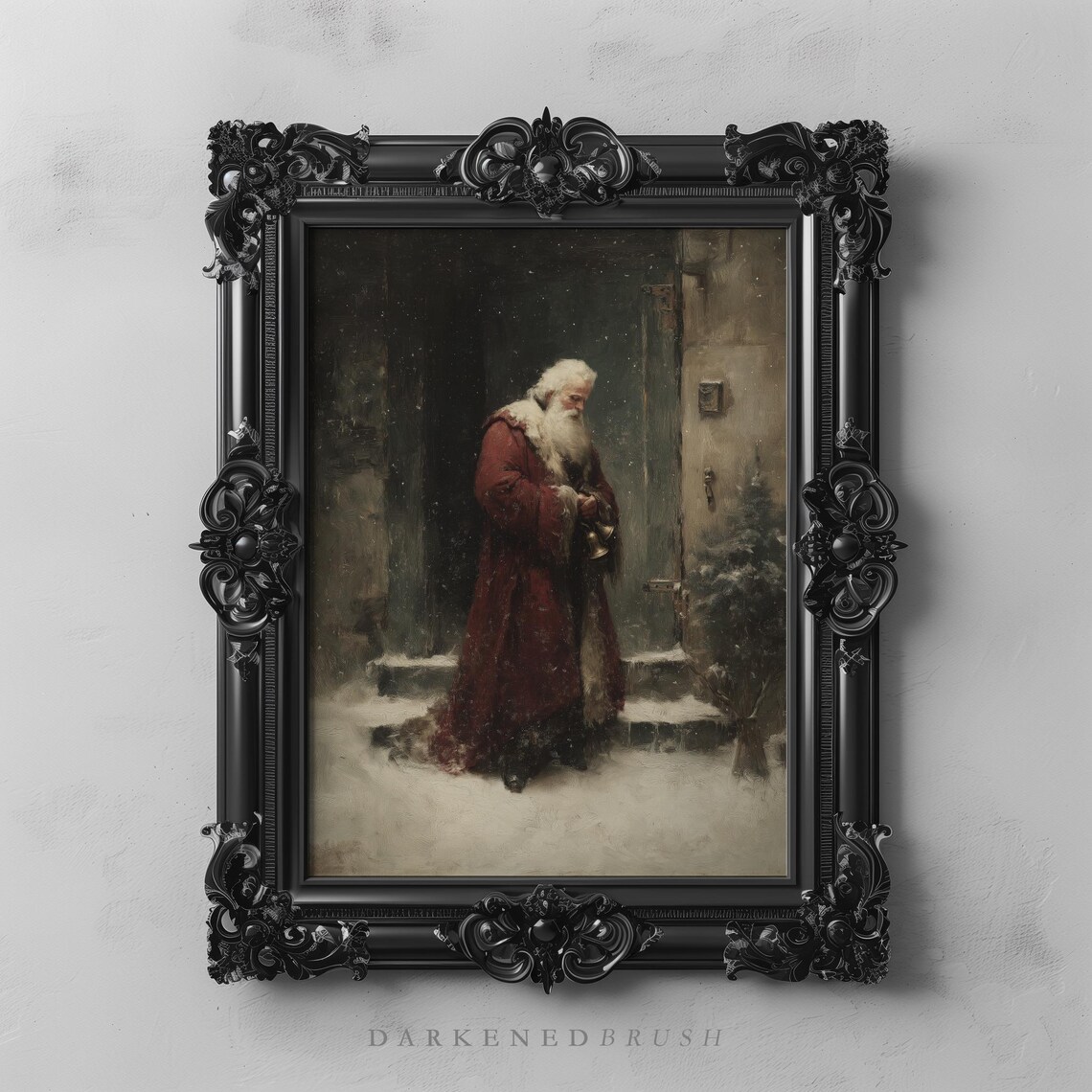 Saint Nicholas Santa Claus Near Door In Snowfall Dark Academia Gothic Christmas Holiday Festive Wall Decor Vintage Xmas Oil Painting 374