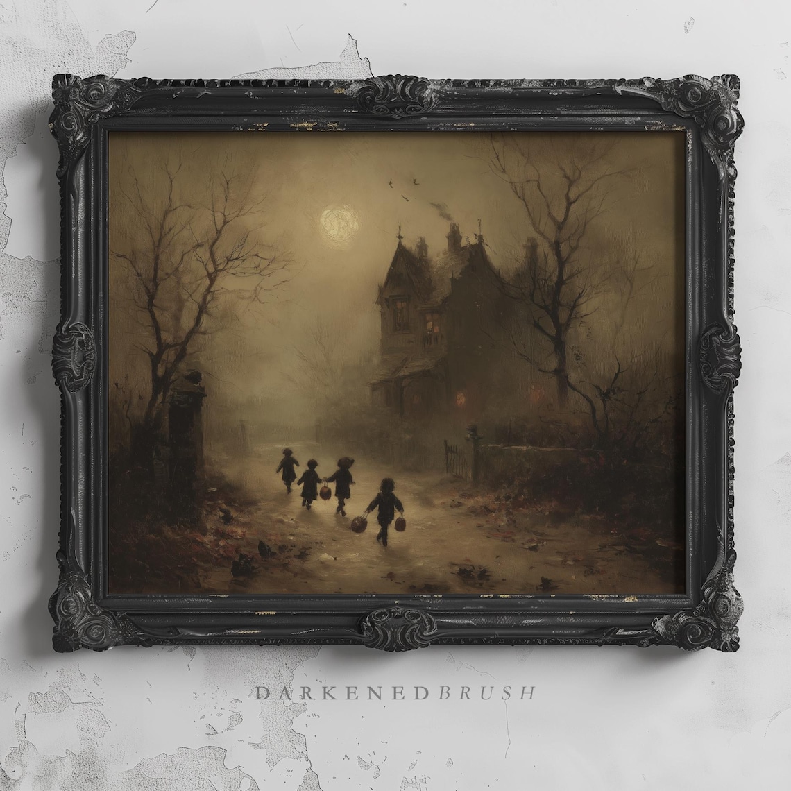 Group Of Children Toward Haunted Manor, Vintage Halloween Art Print