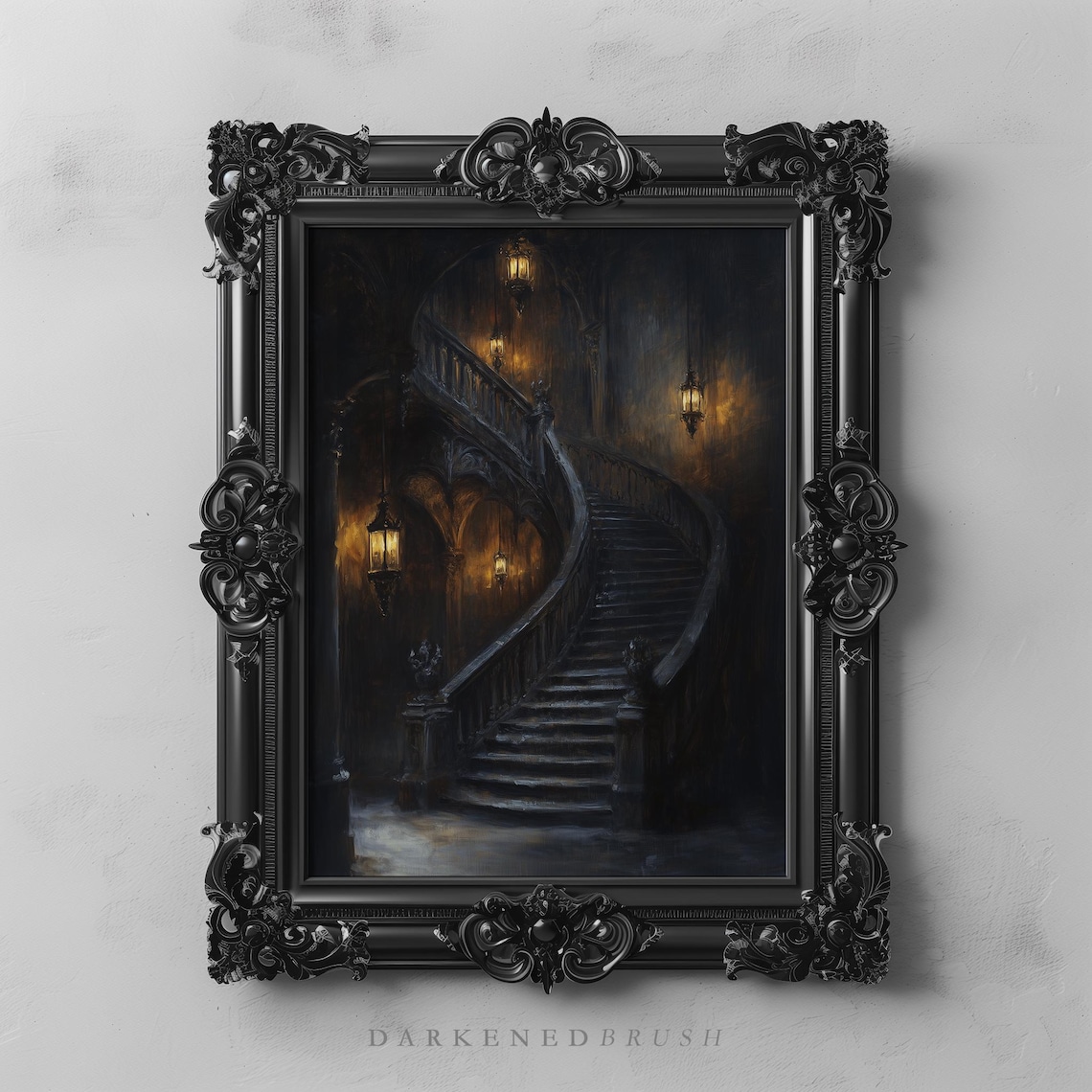 Gothic Spiral Staircase Lanterns, Dark Academia Art Print