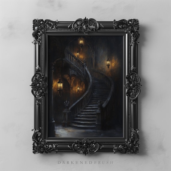 Gothic Spiral Staircase Lanterns, Dark Academia Art Print