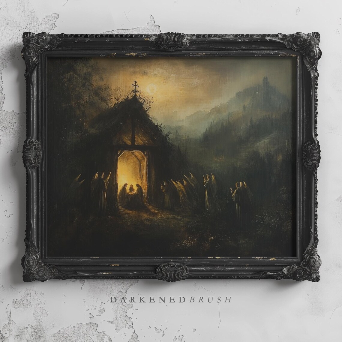 Gothic Nativity Stable Glowing in Dark Misty Mountains Christmas Art Poster