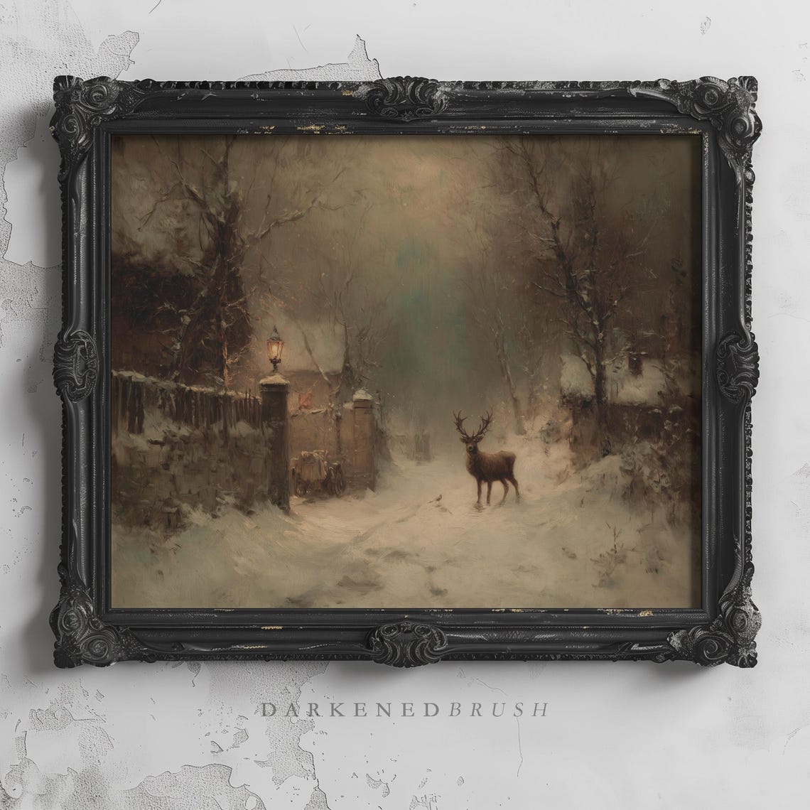 Majestic Stag Standing on Snowy Forest Path at Dusk Winter Poster
