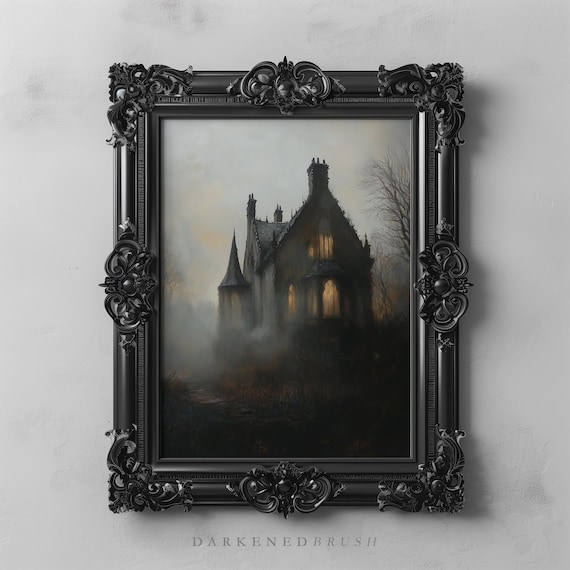 Haunting Gothic Manor Art Dark Academia Decor Spooky Haunted House Wall Eerie Foggy Landscape Victorian Home