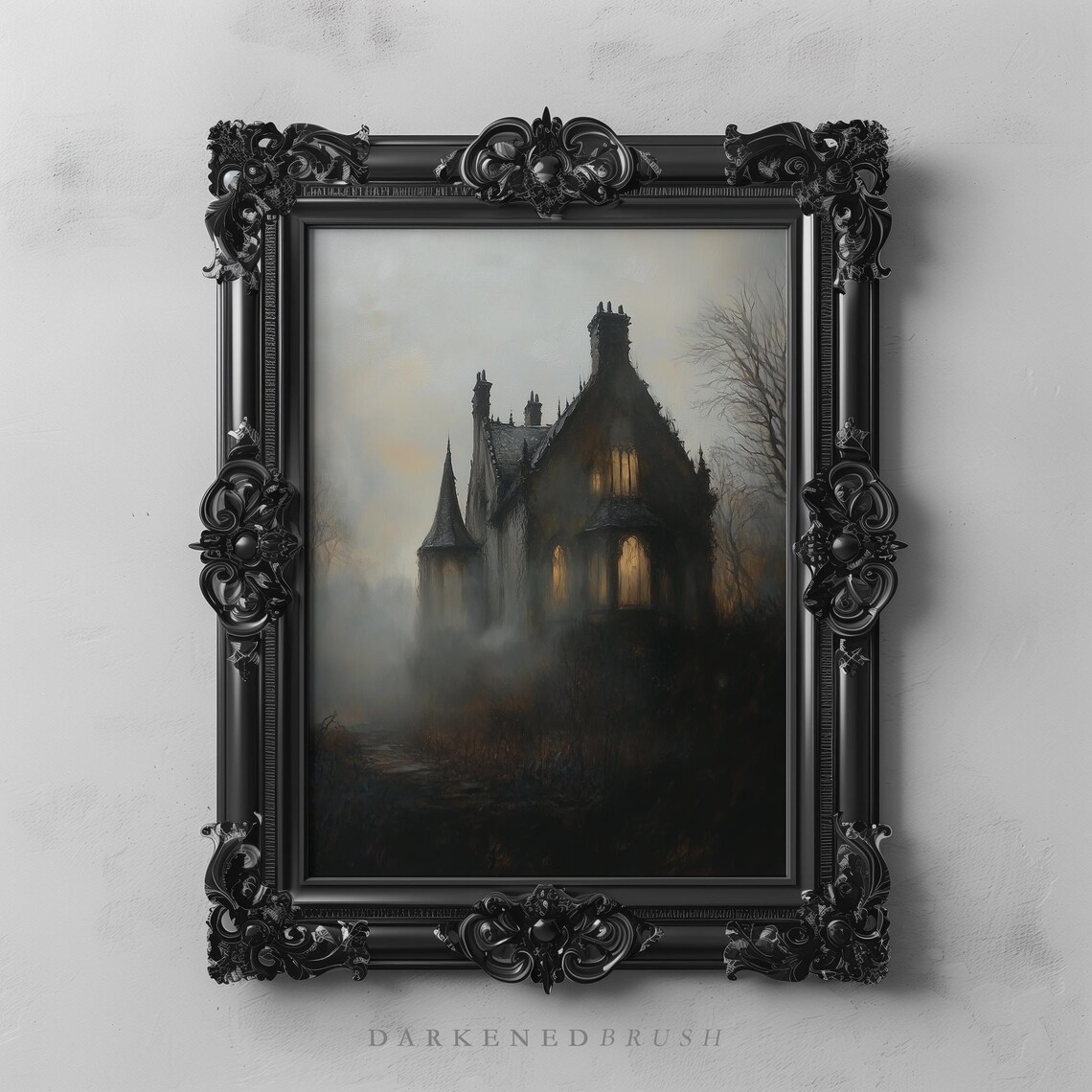 Haunted Gothic Manor at Dusk in Fog Spooky Eerie House Art Print